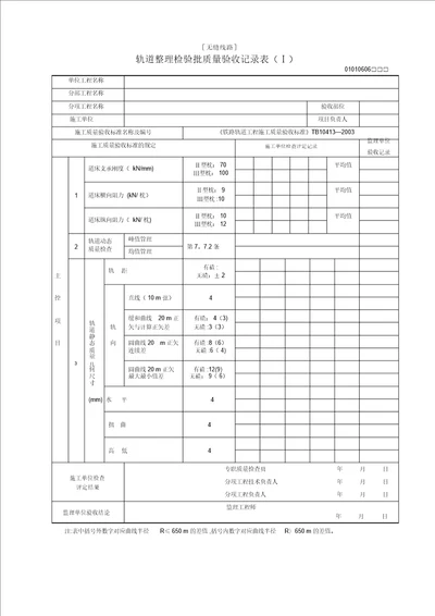 轨道整理检验批质量验收记录表