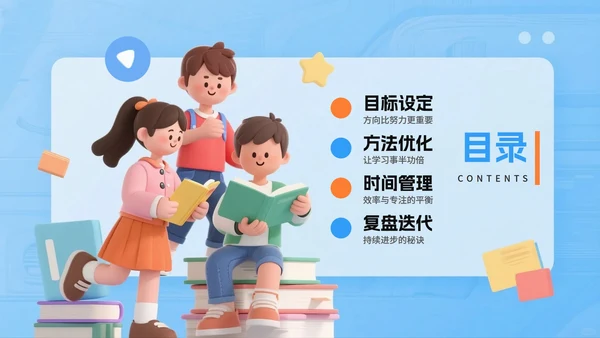 蓝色3D卡通风优秀学习经验分享会PPT模板