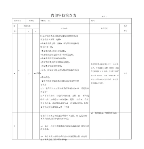 2015新版三体系质量环境职业健康安全内审检查表含审核记录