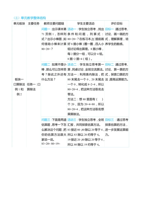 （大单元整体教学）第六单元 除数是两位数的除法 单元分析（表格式）教学设计 人教版 四年级上册数学