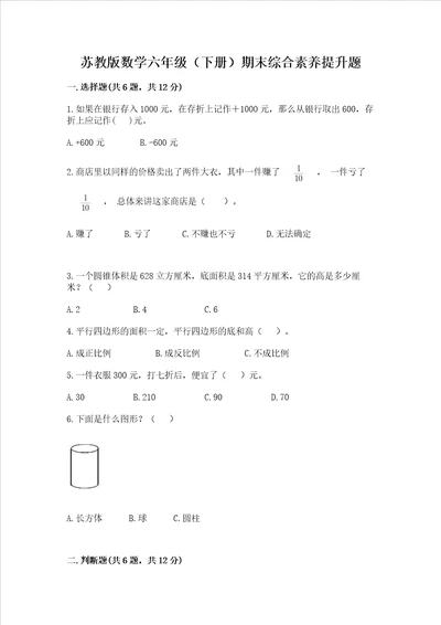 苏教版数学六年级下册期末综合素养提升题及答案最新