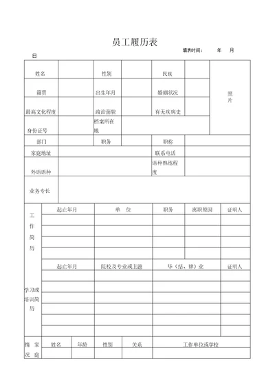 公司员工履历表模板