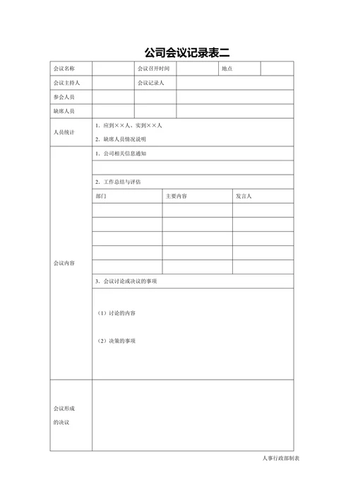 公司会议记录表行政人事管理