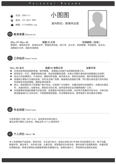 大气新媒体运营A4个人求职竞聘简历模板word