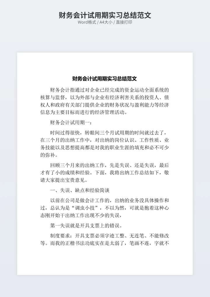 财务会计试用期实习总结范文