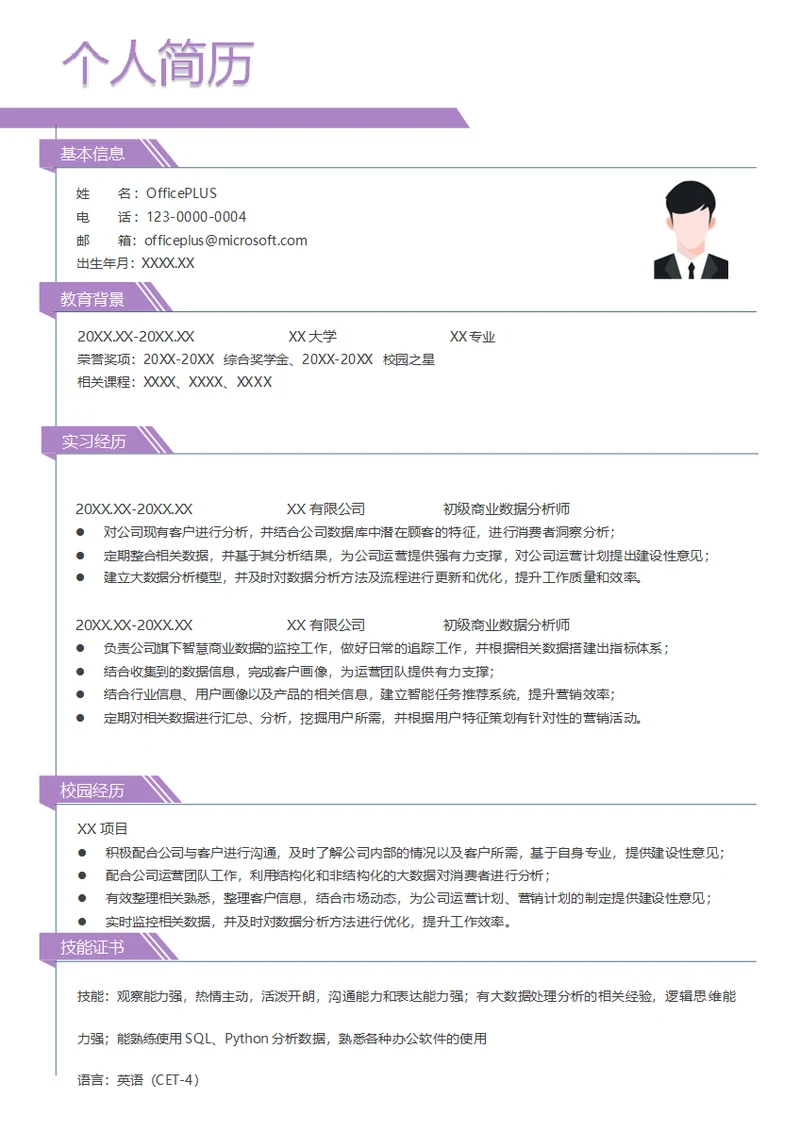 初级商业数据分析师校招求职简历模板