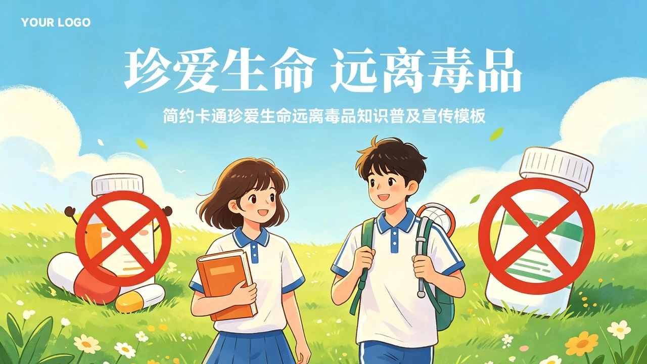 简约卡通珍爱生命远离毒品禁毒主题班会宣传模板