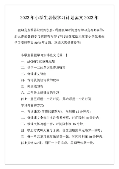 2022年小学生暑假学习计划范文2022年