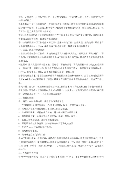 会计出纳试用期转正工作总结范文