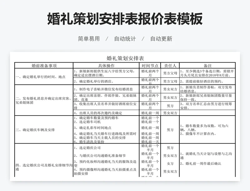 婚礼策划安排表报价表模板