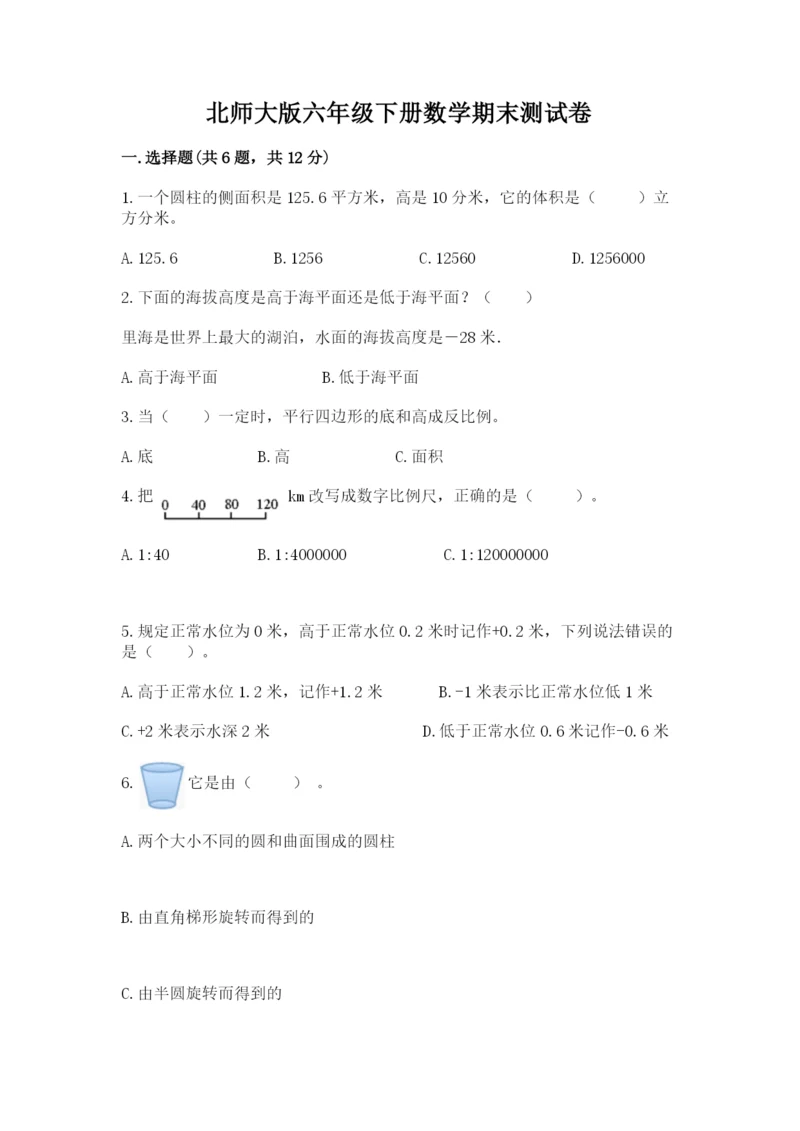 北师大版六年级下册数学期末测试卷可打印.docx