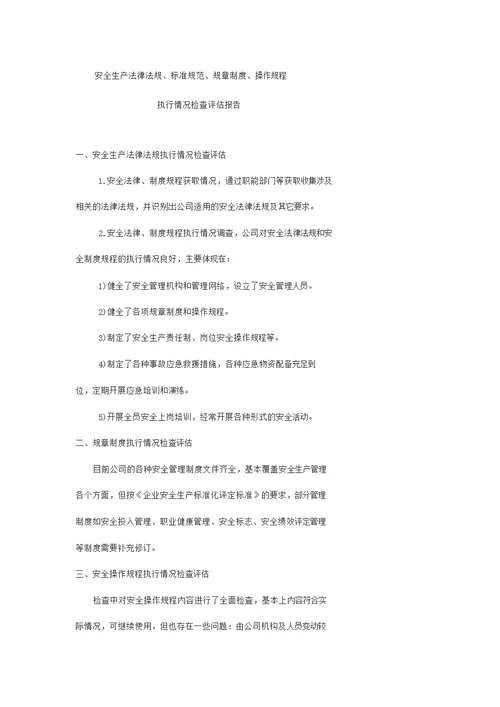 船舶安全生产法律法规、规章制度、操作规程执行情况检查评估报告