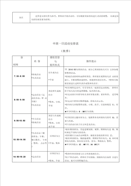 小班一日活动安排表