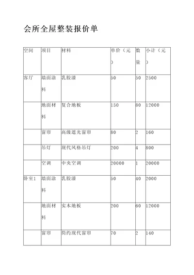 会所全屋整装报价单