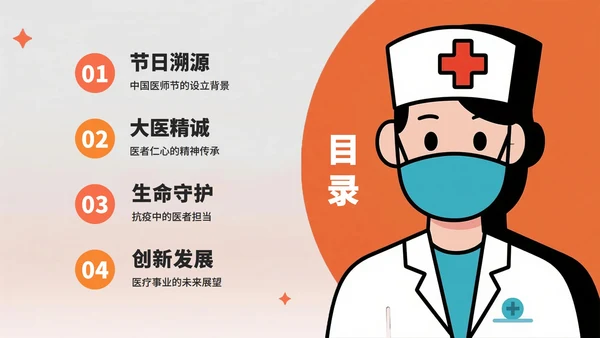 橙色简约插画风医护人员中国医师节PPT模板