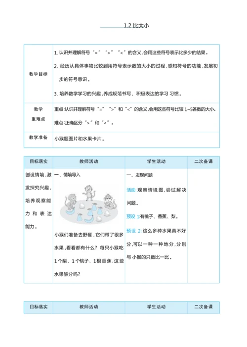 1.2 比大小 大单元整体教学设计(表格式）人教版（2024）数学一年级上册