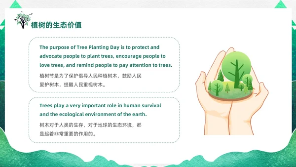 绿色渐变鎏金剪影312植树节英文介绍课件PPT