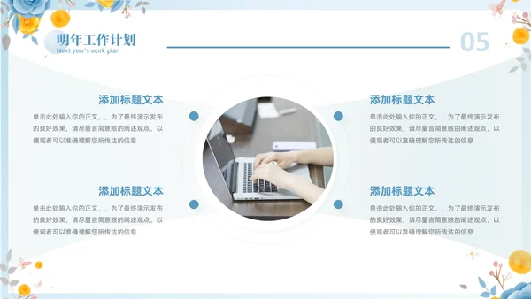 蓝色立体花卉教师年终工作总结工作汇报工作计划PPT年终总结