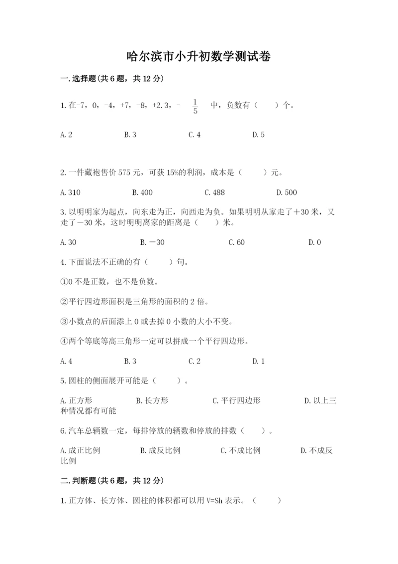 哈尔滨市小升初数学测试卷有答案.docx