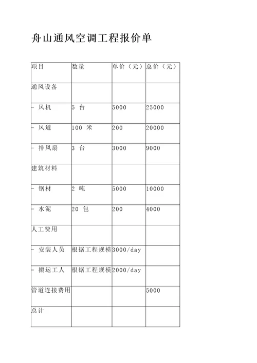 舟山通风空调工程报价单