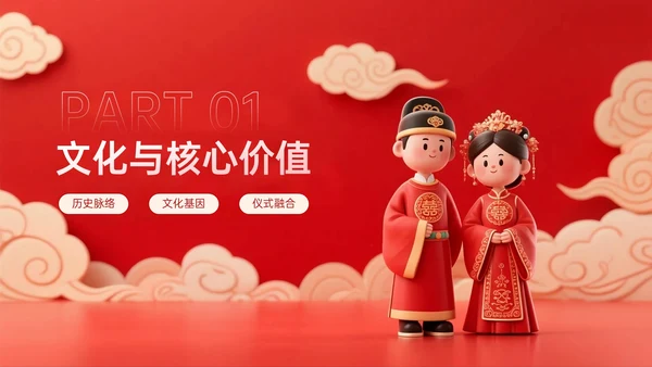 米红色3D关于续写中式婚礼的文化传承篇章主题PPT模板