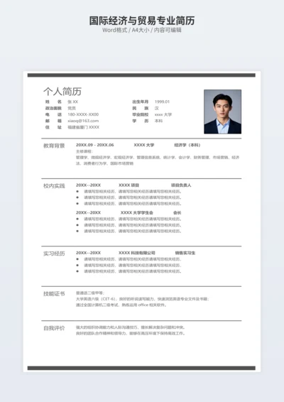 国际经济与贸易专业简历