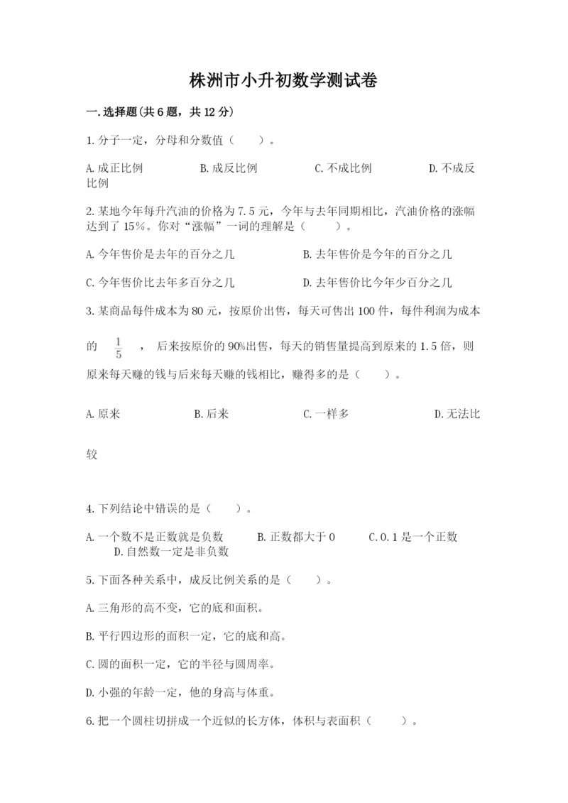 株洲市小升初数学测试卷a4版.docx