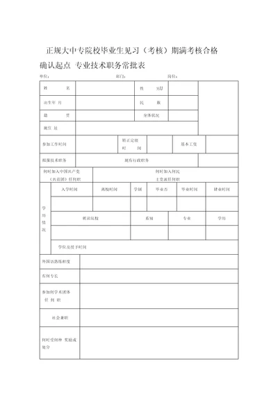 正规大中专院校毕业生见习(考核)期满考核合格确认起点专业1技术职务审批表A.