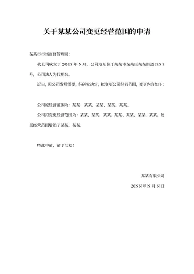 公司变更经营范围申请word模板
