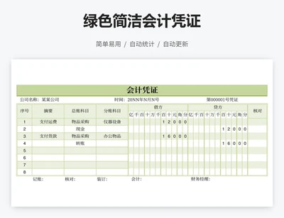 绿色简洁会计凭证