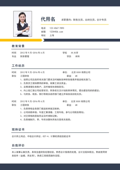 简约风财务会计出纳个人简历模板word简历