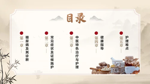 棕色水墨传统笔刷大气中医药糖尿病护理实拍操作培训PPT