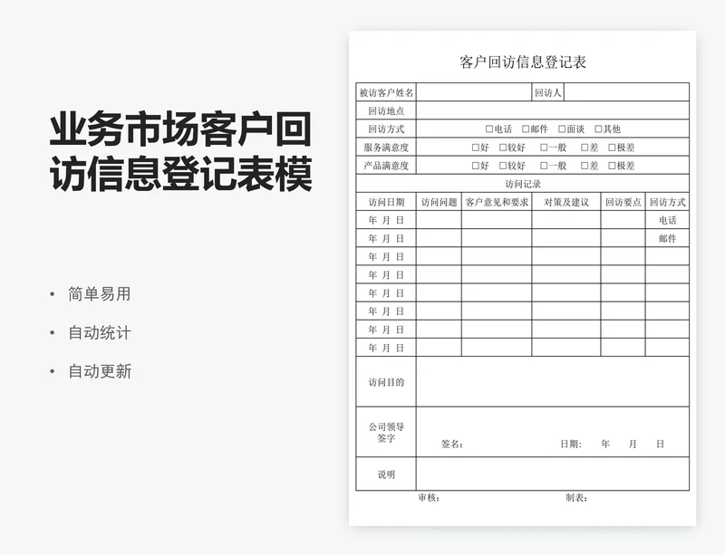 业务市场客户回访信息登记表模版