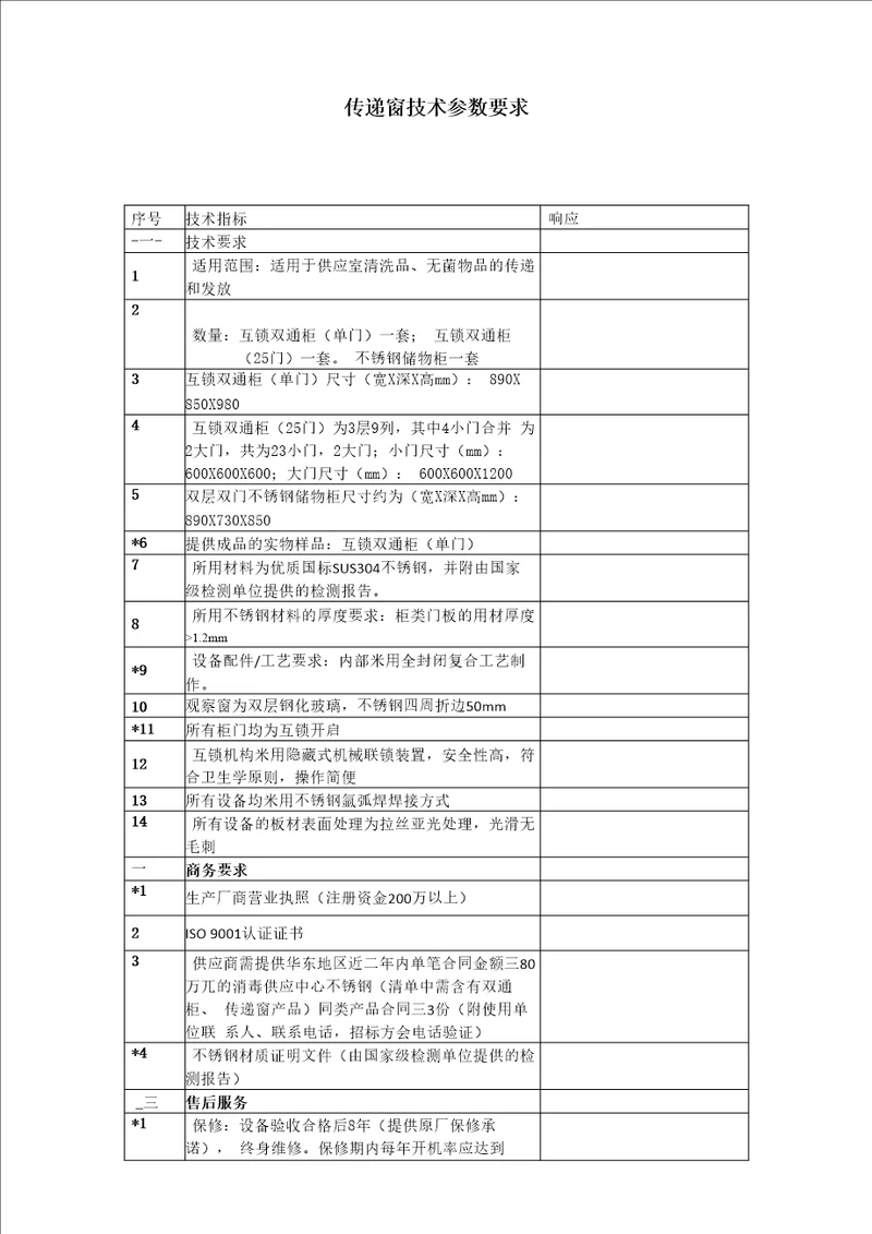 传递窗技术参数要求