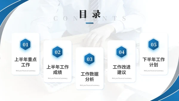 蓝色简约商务流体形状财务年中总结工作总结工作汇报ppt模板