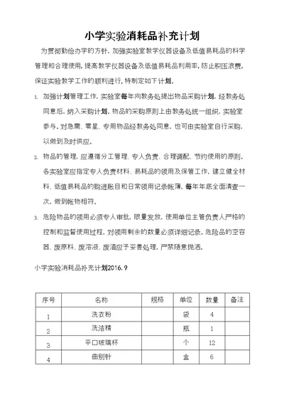 小学实验消耗品采购计划