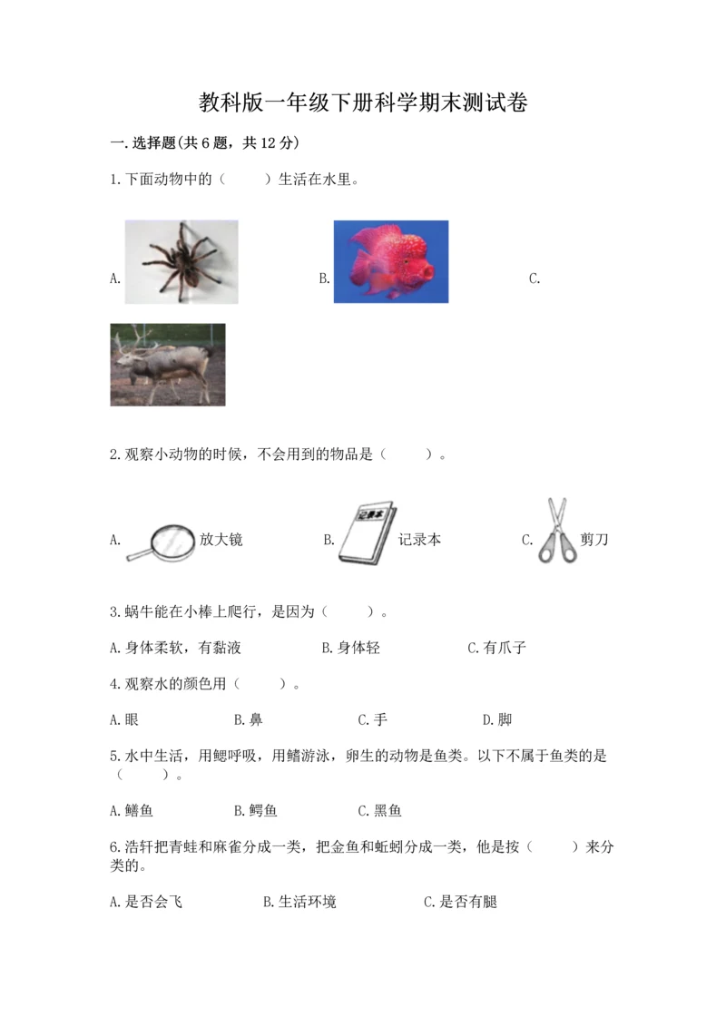 教科版一年级下册科学期末测试卷（夺冠）word版.docx