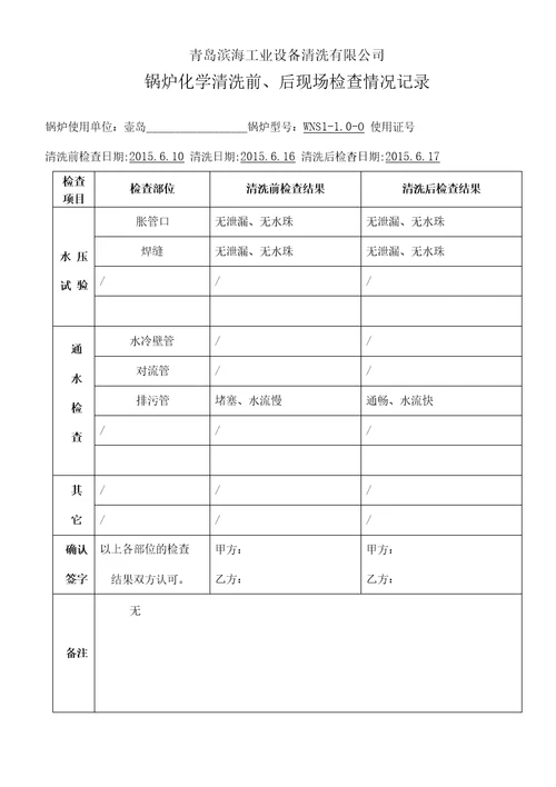 工业锅炉化学清洗竣工报告含酸洗记录