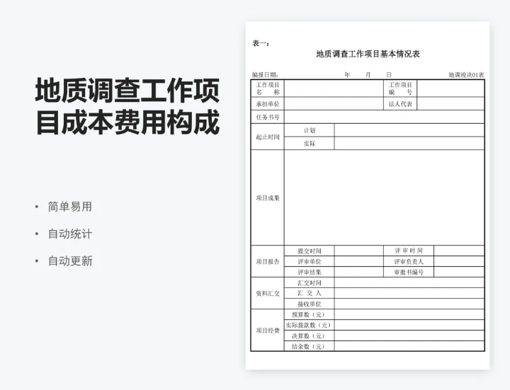地质调查工作项目成本费用构成表