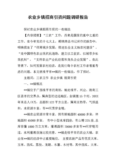 农业乡镇招商引资问题调研报告