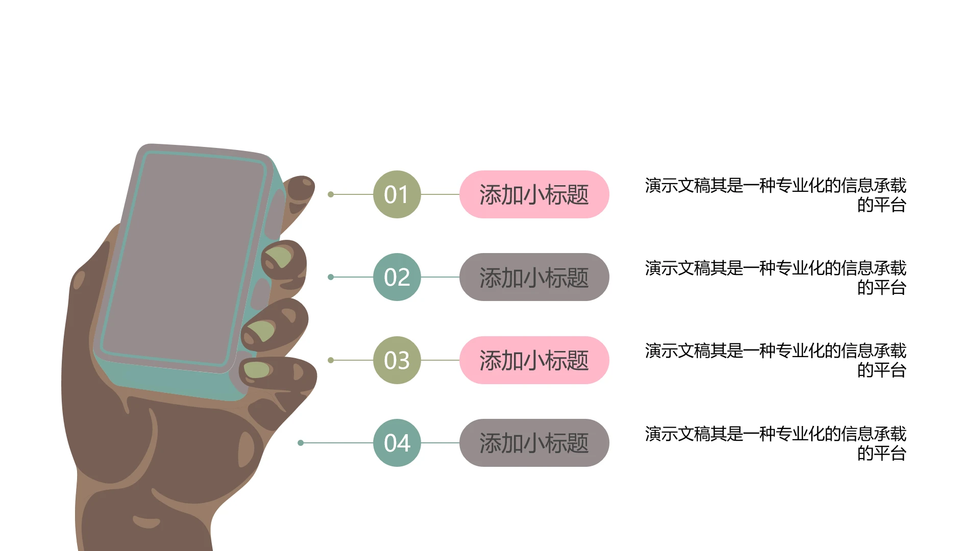 单页四项并列手机手持插画带图标带标题文字纯文字可编辑移动互联网业务梳理工作汇报PPT模板