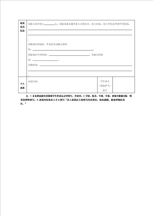 贵州省家庭经济困难学生认定申请承诺表样表模板