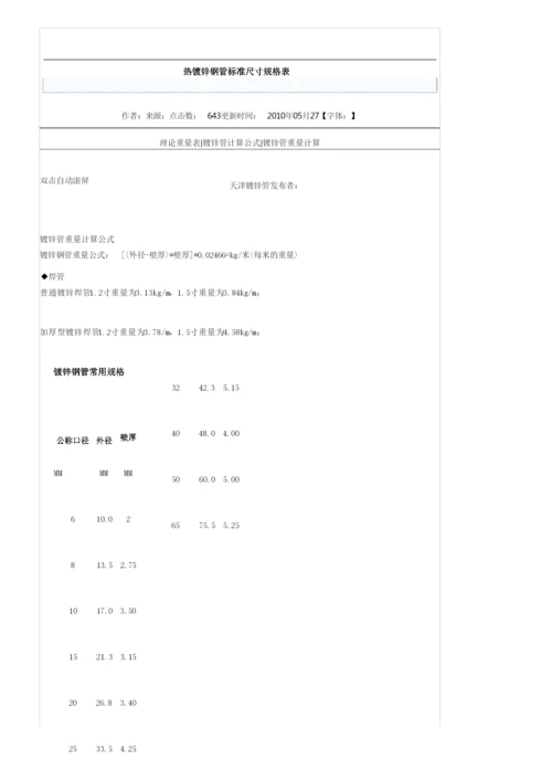 热镀锌钢管标准尺寸规格表格.docx