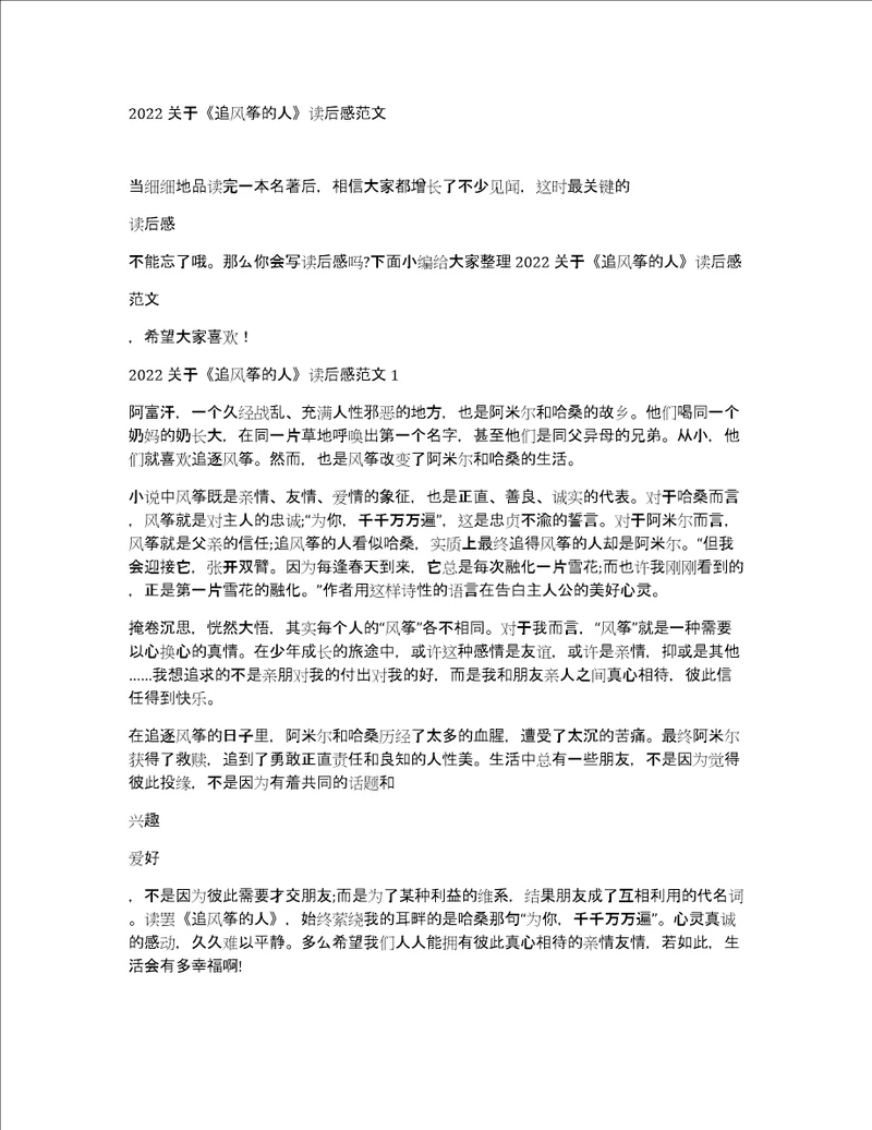 2022关于追风筝的人读后感范文