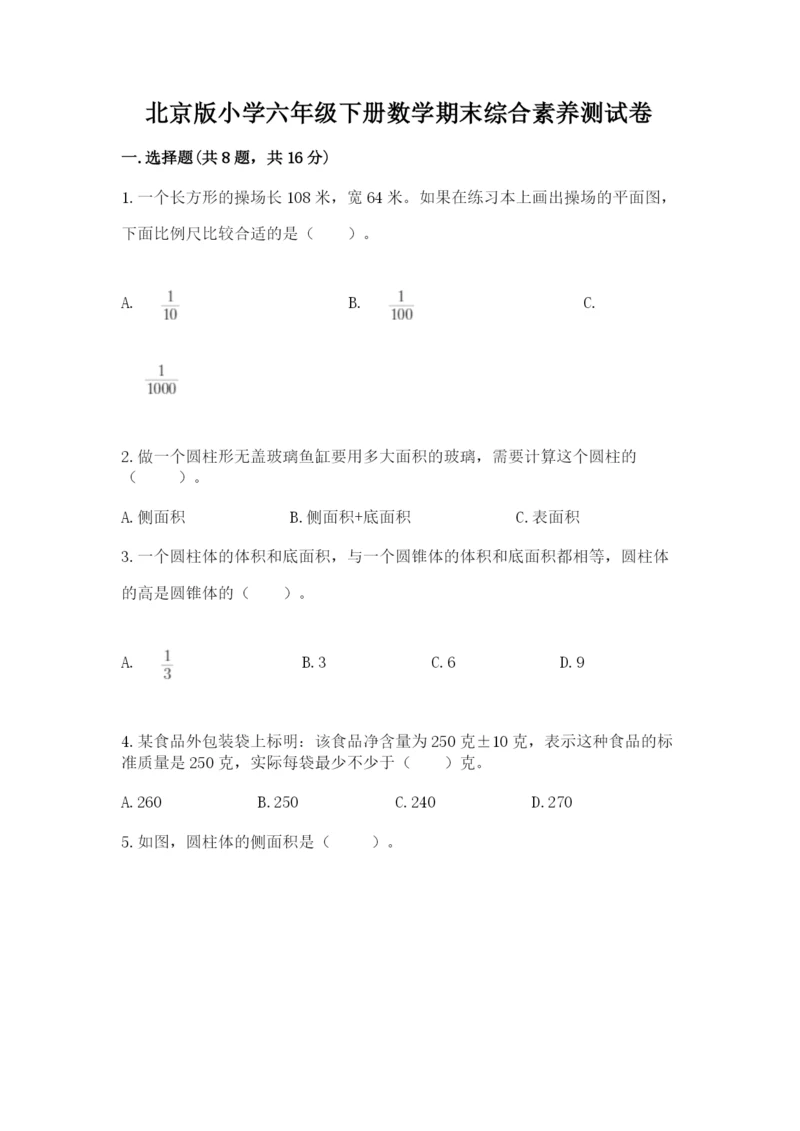 北京版小学六年级下册数学期末综合素养测试卷附参考答案【预热题】.docx