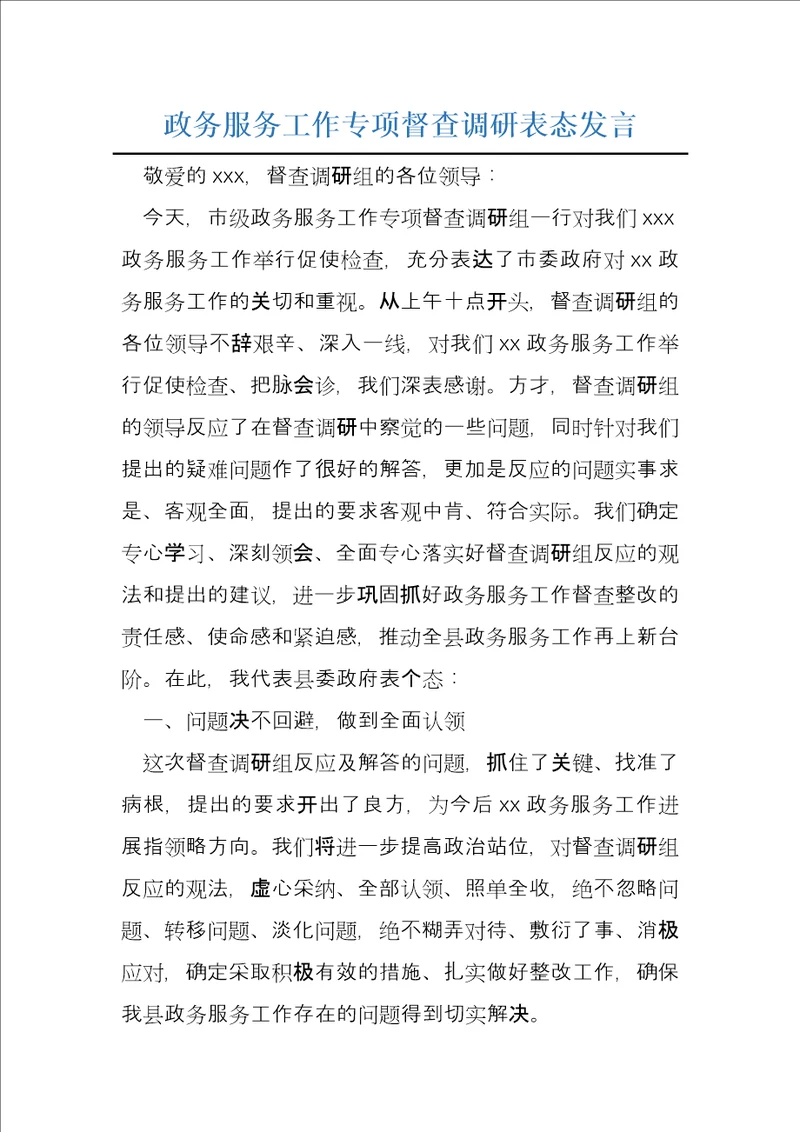 政务服务工作专项督查调研表态发言