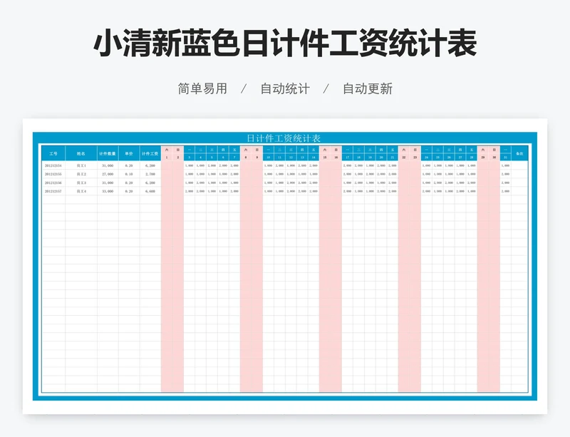 小清新蓝色日计件工资统计表