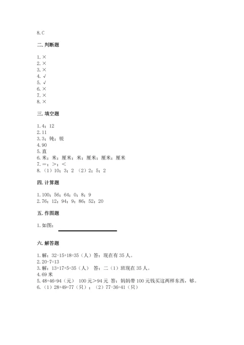 2022人教版二年级上册数学期中测试卷带答案（基础题）.docx