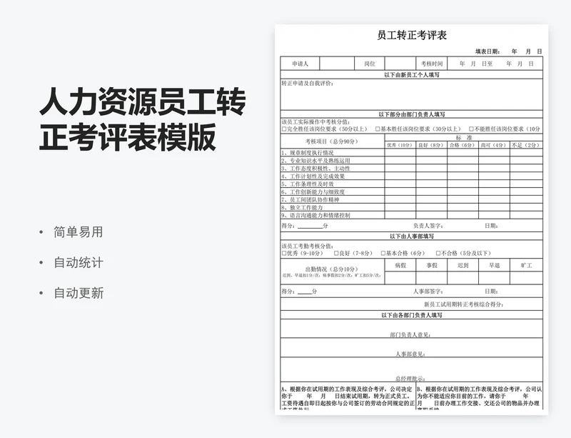 人力资源员工转正考评表模版