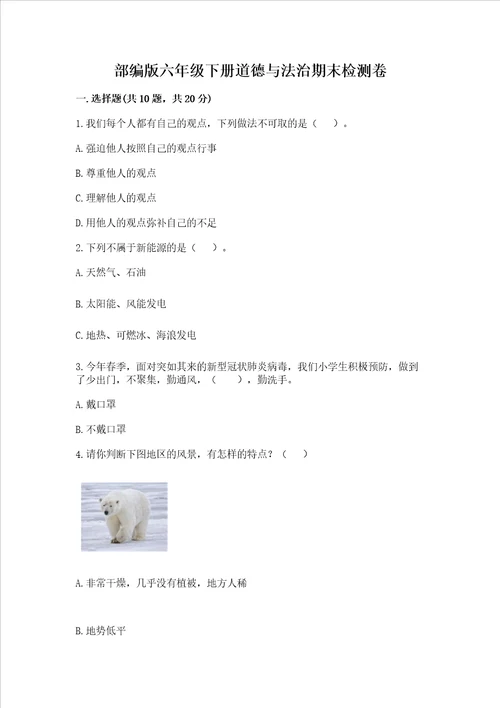 部编版六年级下册道德与法治期末检测卷含答案研优卷